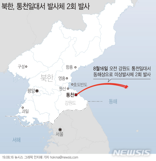 [ 합동참모본부는 16일 "북한이 오늘 아침 강원도 통천 일대에서 동해상으로 미상 발사체를 2회 발사했다"고 밝혔다 / 그래픽= 뉴시스 ]