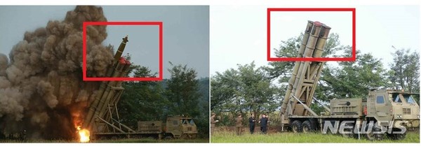 [ 북한은 10일 초대형방사포를 또다시 시험발사했다고 밝혔다. 사진은 방사포 발사관 상부 캡(뚜껑)이 3개가 벗겨져 있는 모습을 확인할 수 있다. / 사진 = 뉴시스 ]