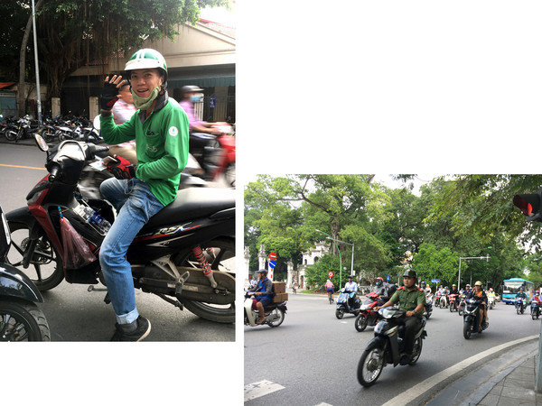 카메라를 보여주니 환하게 웃는 그랩 바이크 기사. 하노이를 포함해서 비엣남 인구의 평균연령은 20대 젊은 층이다. 바이크가 필수 교통수단이므로 10대부터 배운다. 현재는 심각한 환경오염의 주범으로 여겨지고 있어 하노이 시에서는 다양한 해결책을 고민하고 있다.