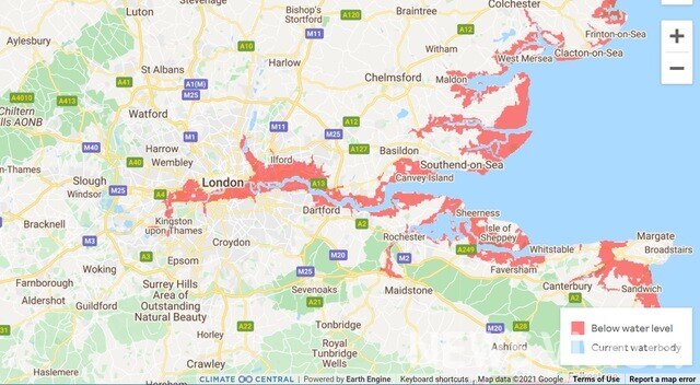 침수 위험 지역을 빨간색으로 표기한 '클라이메이트 센트럴'의 조사 지도 화면/ 사진= 뉴시스 제공.