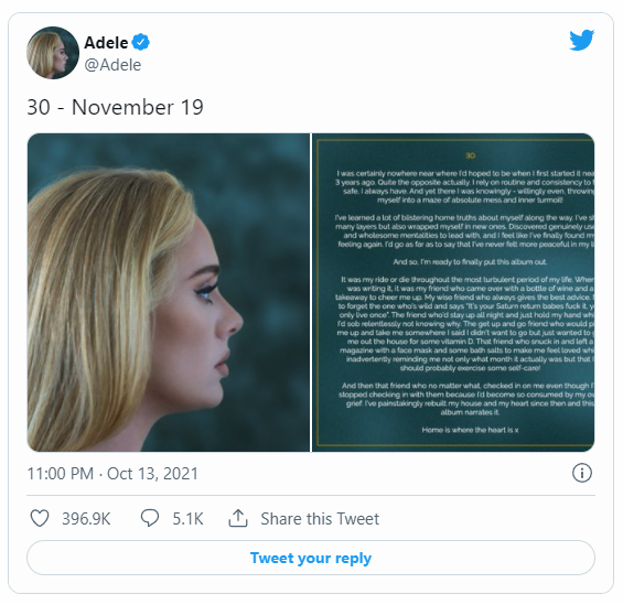 사진=아델 트위터 캡쳐
