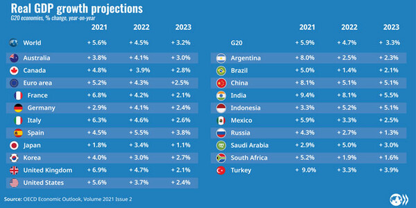 2021~2022년 세계 각국 GDP 성장률 예측/자료=경제협력개발기구(OECD)