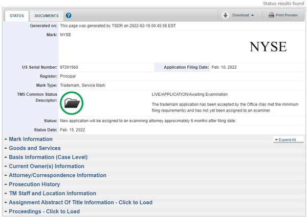 NYSE는 지난 10일 미국 특허청(USPTO)에 블록체인과 가상화폐 관련 상품 및 서비스를 위해 ‘NYSE’ 브랜드 상표 출원서를 제출했다./사진=미국 특허청(USPTO) 홈페이지 갈무리